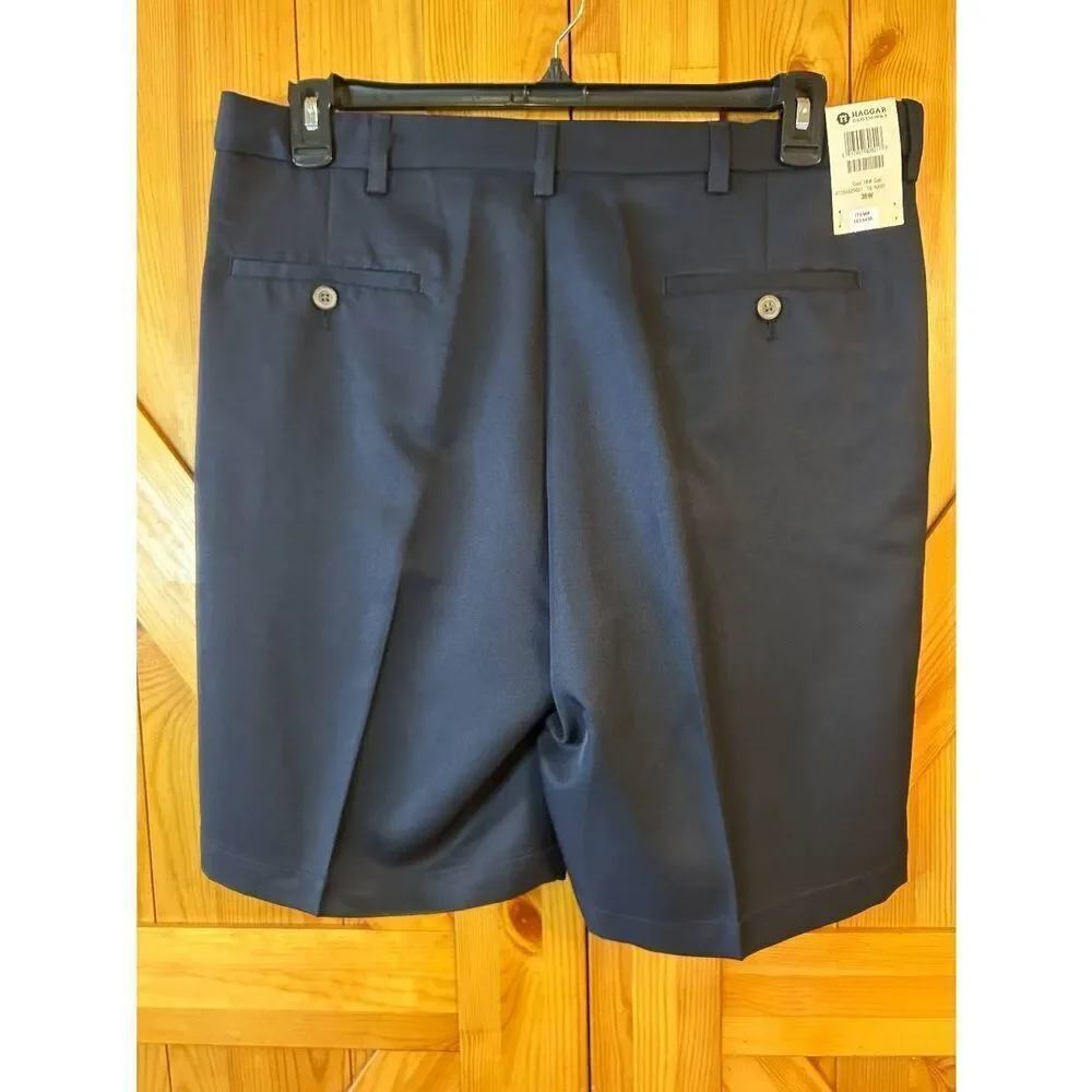HAGGAR Cool 18 Performance Navy Pleated Shorts Size 36 NWT (8729)